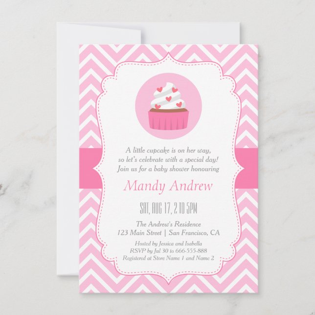 Elegant Pink Chevron Cupcake Baby Girl Shower Invitation (Front)