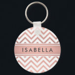 Elegant Pink Chevron Pattern Girly Faux Rose Gold Key Ring<br><div class="desc">Accessorize your keys in style with a chic modern round keychain. Design features a pretty pink faux rose gold foil chevron zig-zag pattern and stripe, and your name or other customized text in a simple dark grey typography font. This elegant and trendy accessory makes a stylish gift for her. Perfect...</div>