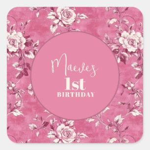 Elegant Pink Chinoiserie 1st Birthday Party  Square Sticker