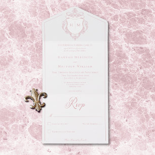 Elegant Pink Chinoiserie Bird Crest Wedding All In One Invitation