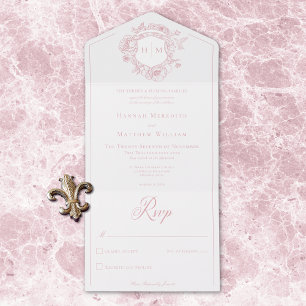 Elegant Pink Chinoiserie Bird Crest Wedding All In One Invitation