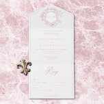 Elegant Pink Chinoiserie Bird Crest Wedding Dinner All In One Invitation<br><div class="desc">ALSO AVAILABLE WITHOUT DINNER CHOICES OR WITH A QR CODE. Elevate your special day with our elegant, vintage Baroque-style wedding invitation, a masterpiece of timeless elegance. Featuring a delicate French dusty pink chinoiserie crest with delicate line art ribbons, flowers, birds and filigree on a pristine white background, this design exudes...</div>