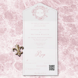 Elegant Pink Chinoiserie Bird Crest Wedding QR All In One Invitation