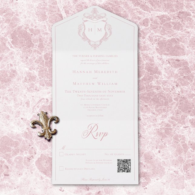 Elegant Pink Chinoiserie Bird Crest Wedding QR All In One Invitation (Elegant Pink Chinoiserie Bird Crest Wedding QR All In One Invitation)