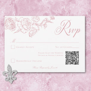 Elegant Pink Chinoiserie Bird & Crest Wedding QR RSVP Card