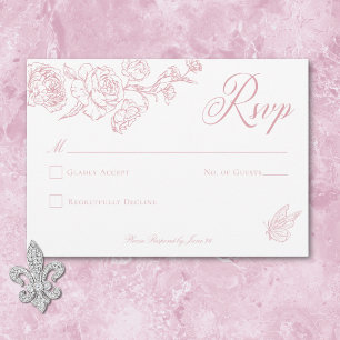 Elegant Pink Chinoiserie Bird & Crest Wedding RSVP Card