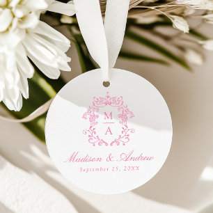 Elegant Pink Chinoiserie Crest Monogram Wedding Favour Tags