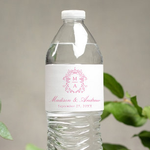 Elegant Pink Chinoiserie Crest Monogram Wedding Water Bottle Label