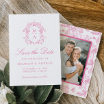 Elegant Pink Chinoiserie Floral Photo Wedding Save The Date<br><div class="desc">Announce your upcoming wedding to friends and family with this Elegant Pink Chinoiserie Victorian Floral photo save the date. This design displays your monogram initials surrounded by a crest of intricate pink chinoiserie and baroque motifs. "Save the Date" is featured in a pink calligraphy script with your wedding details shown...</div>