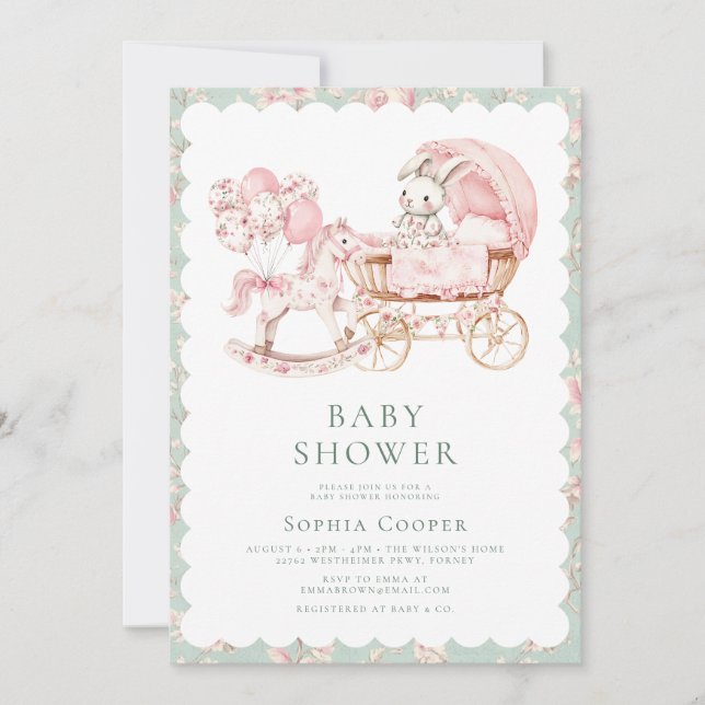 Elegant Pink Chinoiserie Girl Baby Shower Invitation (Front)