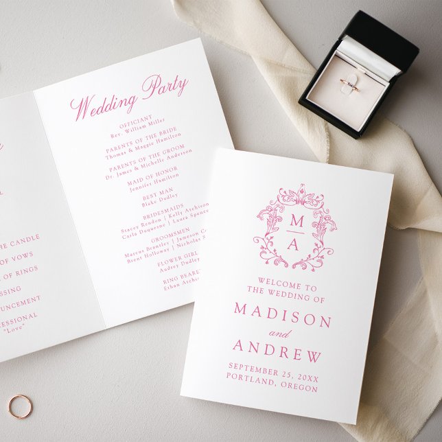 Elegant Pink Chinoiserie Monogram Crest Wedding Programme (Creator Uploaded)