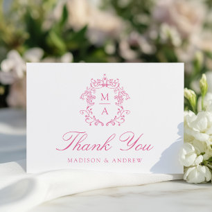 Elegant Pink Chinoiserie Monogram Crest Wedding Thank You Card