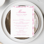 Elegant Pink Chinoiserie Victorian Floral Wedding Menu<br><div class="desc">Elevate your wedding reception with our Elegant Pink Chinoiserie Floral wedding menu. Designed with graceful pink calligraphy on a clean white background, this menu is fully customisable with your names, wedding date, and menu details. The reverse side features a gorgeous pink and white Chinoiserie floral pattern, adding a touch of...</div>