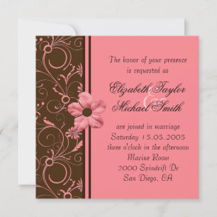 Elegant Pink Chocolate Damask Swirl Wedding Invite