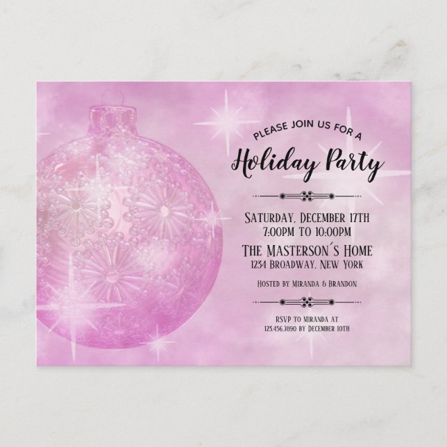 Elegant Pink Christmas Bauble Holiday Party Invitation Postcard (Front)