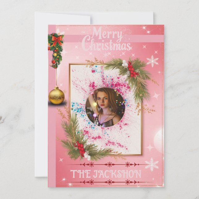 Elegant Pink Christmas Card with Custom PhotoFrame (Front)
