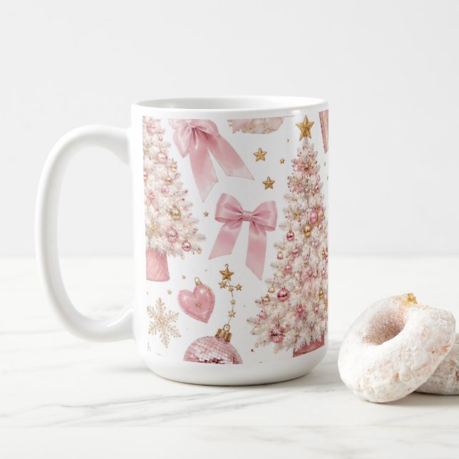 Elegant Pink Christmas Pattern  Coffee Mug (With Donut)