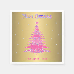 Elegant Pink Christmas Tree Custom Name Gold Foil Napkin