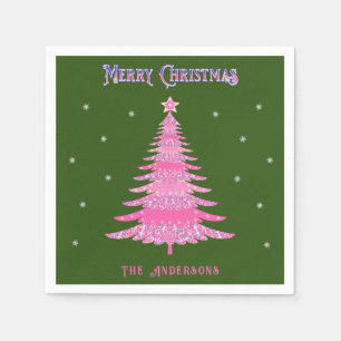 Elegant Pink Christmas Tree Custom Name Green Napkin