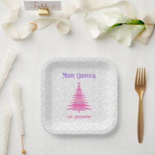 Elegant Pink Christmas Tree Custom Name  Paper Plate