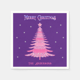 Elegant Pink Christmas Tree Custom Name Purple Napkin