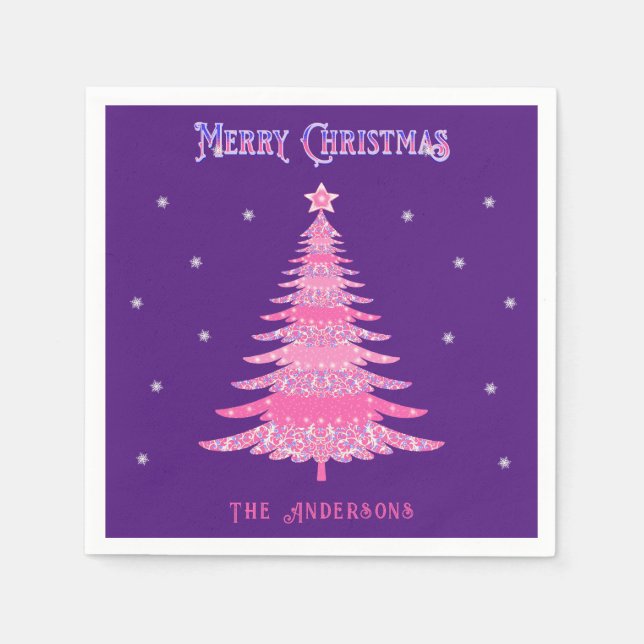Elegant Pink Christmas Tree Custom Name Purple Napkin (Front)