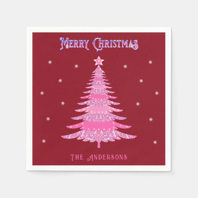 Elegant Pink Christmas Tree Custom Name Red Napkin (Front)