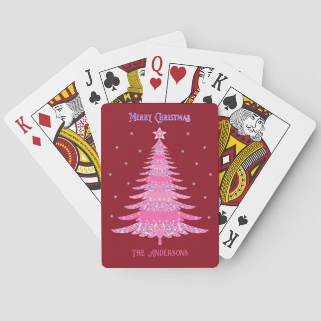 Elegant Pink Christmas Tree Custom Name Red Playing Cards (Back)