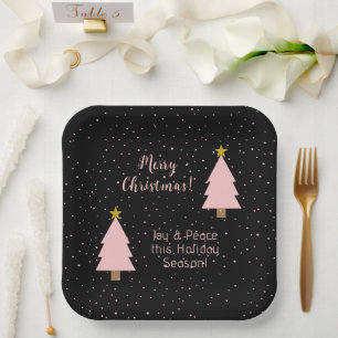 Elegant Pink Christmas Tree Golden Star, Night Sky Paper Plate
