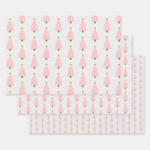 Elegant Pink Christmas Tree & Golden Star Pattern Wrapping Paper Sheet