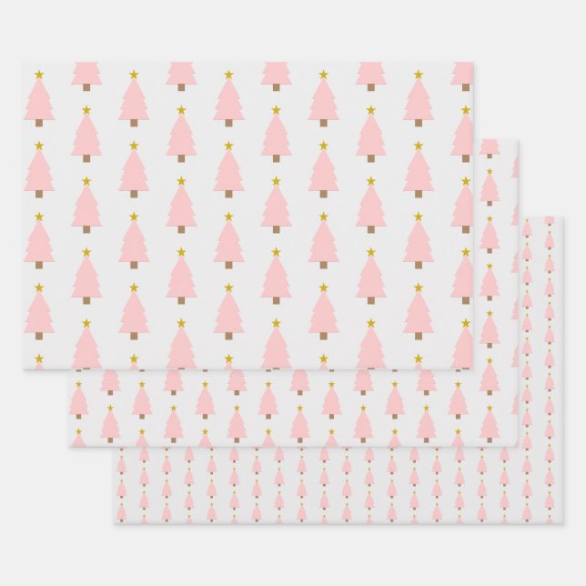 Elegant Pink Christmas Tree & Golden Star Pattern Wrapping Paper Sheet (Set)