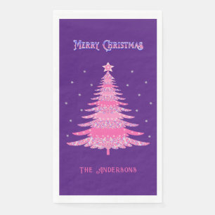 Elegant Pink Christmas Tree Name Custom Purple Napkin