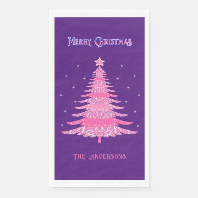 Elegant Pink Christmas Tree Name Custom Purple Napkin (Front)