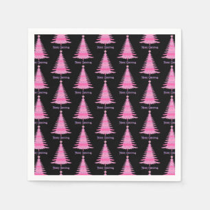 Elegant Pink Christmas Tree Pattern Black Napkin