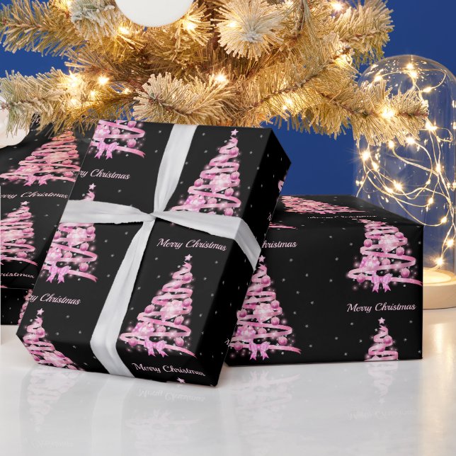 Elegant Pink Christmas Tree Pattern Black Wrapping Paper (Holidays)