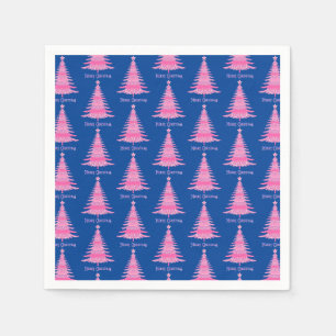 Elegant Pink Christmas Tree Pattern Navy Blue Napkin
