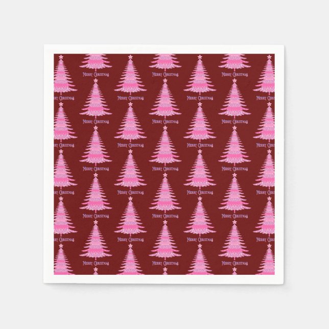 Elegant Pink Christmas Tree Pattern Red Napkin (Front)