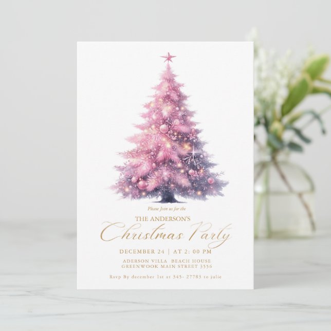 Elegant Pink Christmas Tree Winter Invitation (Standing Front)