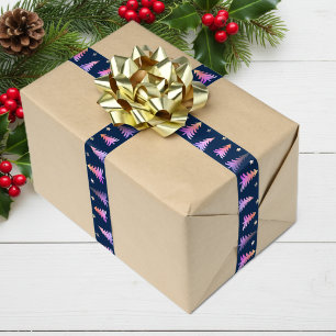 Elegant pink Christmas trees blue Satin Ribbon