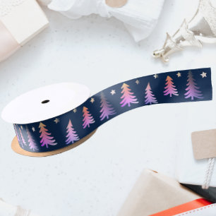Elegant pink Christmas trees blue Satin Ribbon
