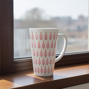 Elegant Pink Christmas Trees Lines, Golden Stars Latte Mug