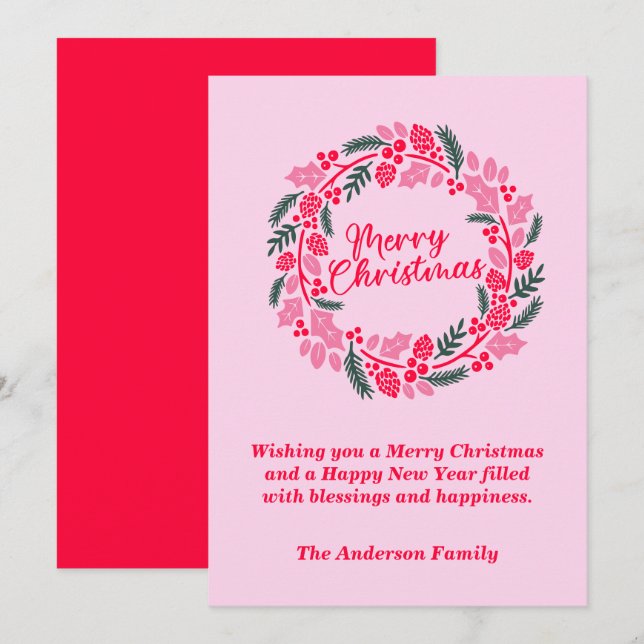 Elegant Pink Christmas Wreath Holiday Card (Front/Back)