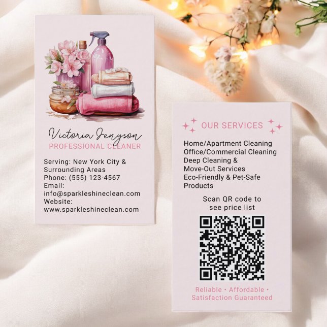 Elegant Pink Cleaning Service Maid Qr Code Business Card (Elegant Pink Cleaning Service Maid Qr Code Business Card)