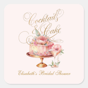 Elegant Pink Cocktails and Cake Bridal Shower Square Sticker