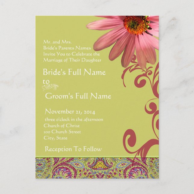 Elegant Pink ConeFlower Paisley Wedding Invitation (Front)