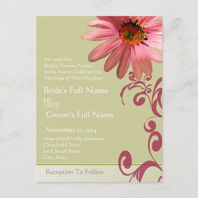 Elegant Pink ConeFlower Wedding Invitation Postcard (Front)