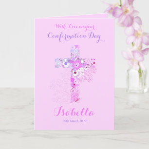 Elegant pink confirmation floral cross name card
