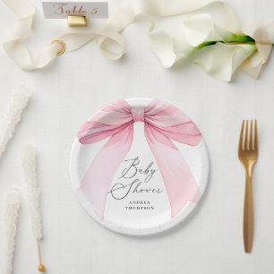 Elegant Pink Coquette Bow Baby Shower Girl Paper Plate