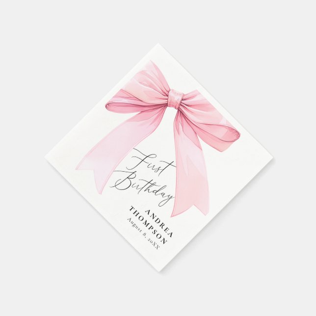 Elegant Pink Coquette Bow First Birthday Girl Napkin (Corner)