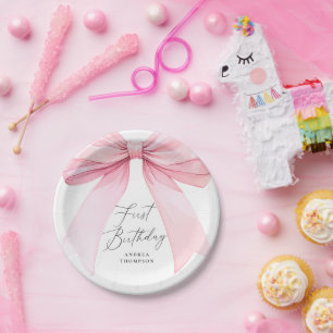 Elegant Pink Coquette Bow First Birthday Girl Paper Plate